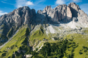 Dolomites, Langkofel Group, Pian di Sass, Grohmann, Fünffingerspitze, Langkofel, Plattkofel, Zahnkofel, aerial view, Fassa Valley, Campitello, Trentino, Italy Dolomites, Langkofel Group, Pian di Sass, Grohmann, Fünffingerspitze, Langkofel, Plattkofel, Zahnkofel, aerial view, Fassa Valley, Campitello, Trentino, Italy